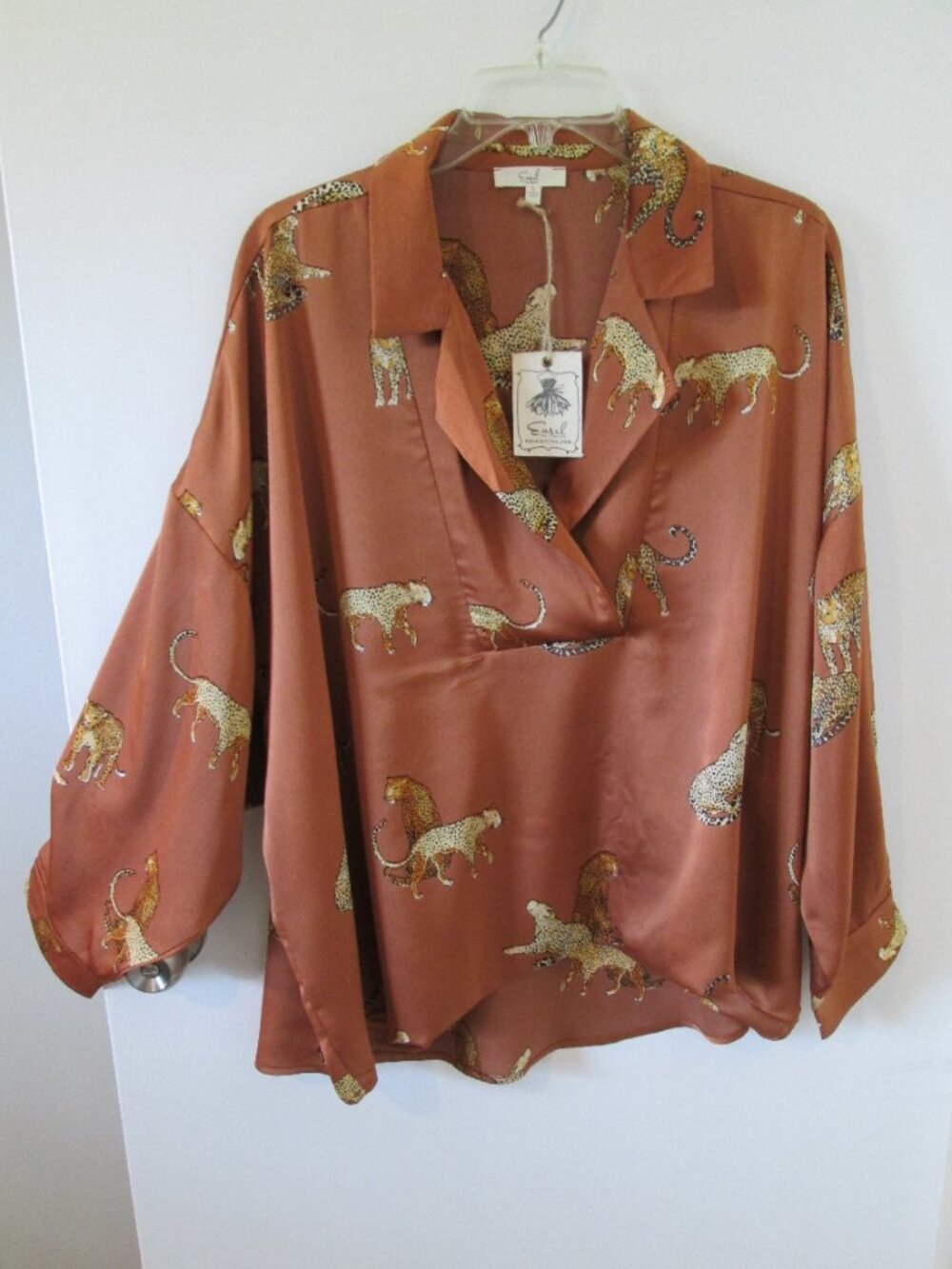 Wild Elegance: Easel Animal Print Satin Blouse NWT